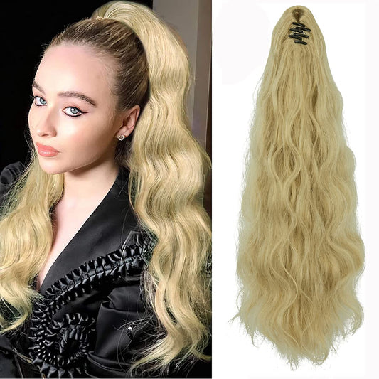 24" ZAIQUN Ponytail Extension Mini Jaw Claw Long Wavy Curly Clip in Hairpiece Hair Extension One Piece Jaw Synthetic Pony Tail 24 Inch, 24-613#