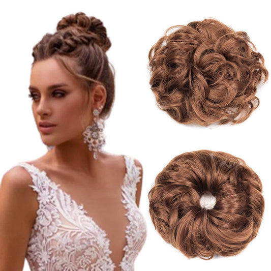 Cybelleza Messy Bun Hair Piece Wavy Curly Hair Scrunchies Thick Messy Hair Bun Updo Hairpiece Synthetic Ribbon Ponytail Extensions Donut Chignons Wavy Wig for Women Girls, 40g Light Auburn