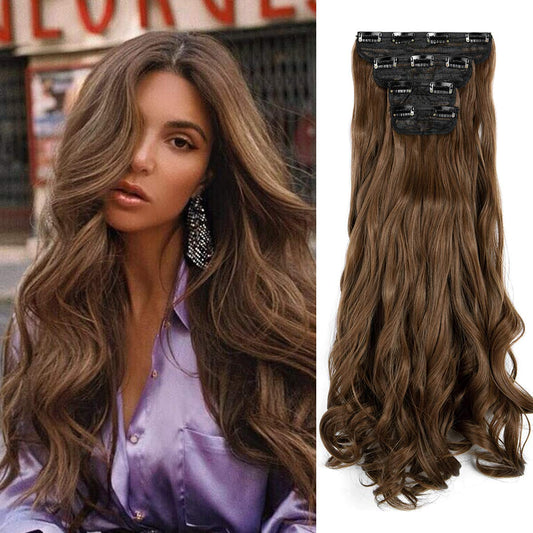 24" Wavy Curly Clip in Hair Extensions 4 PCS 11Clips Synthetic Fiber -  Light Chestnut Brown or Dark Black