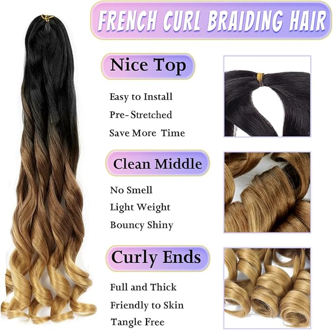 22" French Curly Braiding Hair 22 Inch 6pcs/lot Loose Wavy Spiral Curl Braids French Curl Braiding Hair Synthetic Extensions Yaki Texture Pre Stretched Bouncy Braiding Hair(1B/30/27)