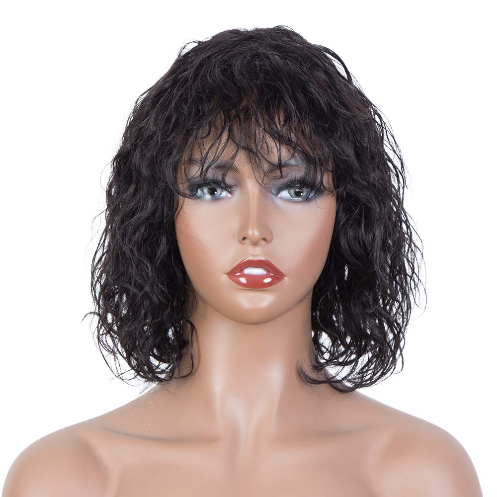 FASHION IDOL Bob Curly Human Hair Wig 10 Inches Brazilian Virgin Human Hair Short Deep Water Wavy Wig with Bangs 150% Density Natural Black