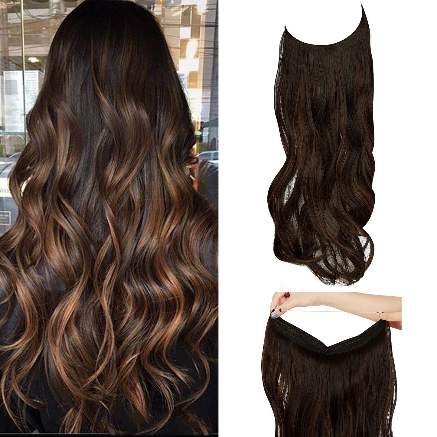 20" Invisible Secret Wire Hidden Line Hair Extension Long Curly Hair Piece Hidden Hair Extension Wavy Hair Piece Synthetic Hairpiece for Women No Clip 20 Inch 145 g