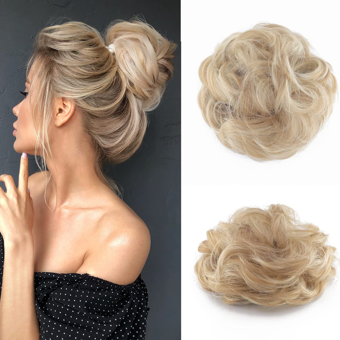 Messy Bun Hair Piece Curly Hair Scrunchies Thick Messy Hair Bun Updo Hairpiece Synthetic Ribbon Ponytail Extensions Donut Chignons Wavy Wig for Women Girls, 35g Dark Brown & Bleach Blonde