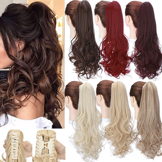 18" Ponytail Extension Straight to Curly Ponytail Clip in Claw on Hair Extensions Natural Looking Synthetic Hairpiece for Women Dark Black