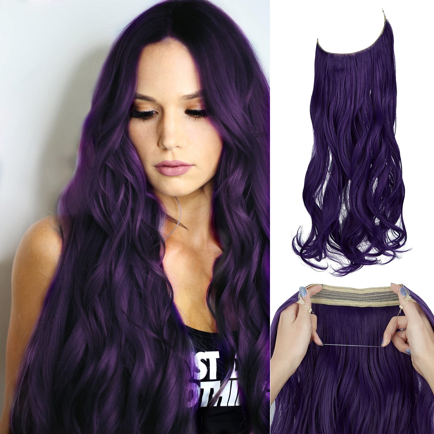 20" Invisible Secret Wire Hidden Line Hair Extension Long Curly Hair Piece Hidden Hair Extension Wavy Hair Piece Synthetic Hairpiece for Women No Clip 20 Inch 145 g