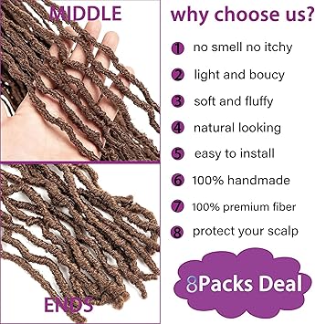 JHZHONG Soft Locs Goddess Curly Wavy Pre-lopped Goddess Locs Dreadlocs Synthetic Hair Extensions-36inch 8Packs（30#-Brown)