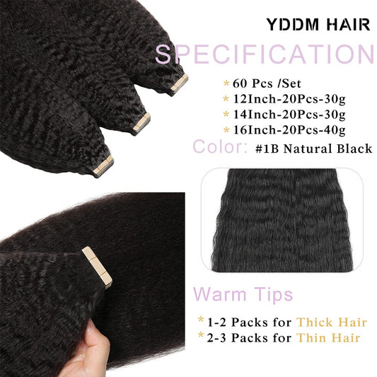 YDDM Kinky Straight Tape in Hair Extensions, Human Hair, Black  Kinky Straight, Tape in Extensions, 26inch 20Pcs 50g