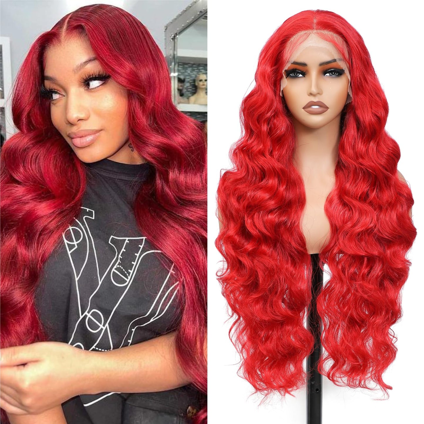 Humistwbiu Body Wave Wigs 13x6 Lace Front Wig Pre-Plucked Hairline with Baby Hair Transparent Swiss Lace Heat Resistant Synthetic Hair Glueless Lace Front Wavy Wigs for Women 32 Inch (#Red)