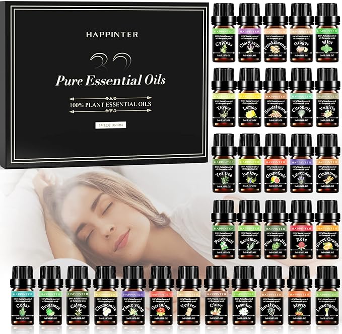 Essential Oils Set, HAPPINTER Top Organic Essential Oils Set of 32pcs for Skin Hair Body, for Humidifier, Home Diffuser, Massage, Candle Soap Making