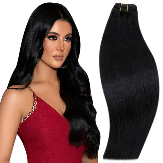 RUNATURE Weft Hair Extensions Real Human Hair Black Double Weft Hair Extensions Sew in Black Human Hair Weft Extensions Straight 16 Inch 100g