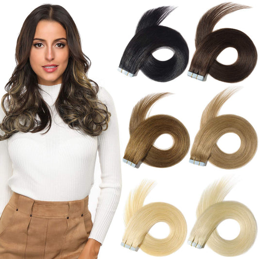 Yamel Tape in Hair Extensions Remy Human Hair, Secure Skin Weft Hair Extensions Seamless Upgraded 50g/Pack 20Pcs 18 Inch Dark Brown, 2#