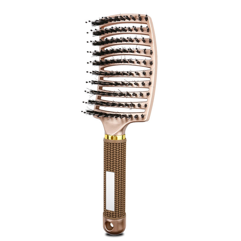 Natural Boar Bristle Detangling Nylon Brush Large Curved Curly Hair Styler - Gold