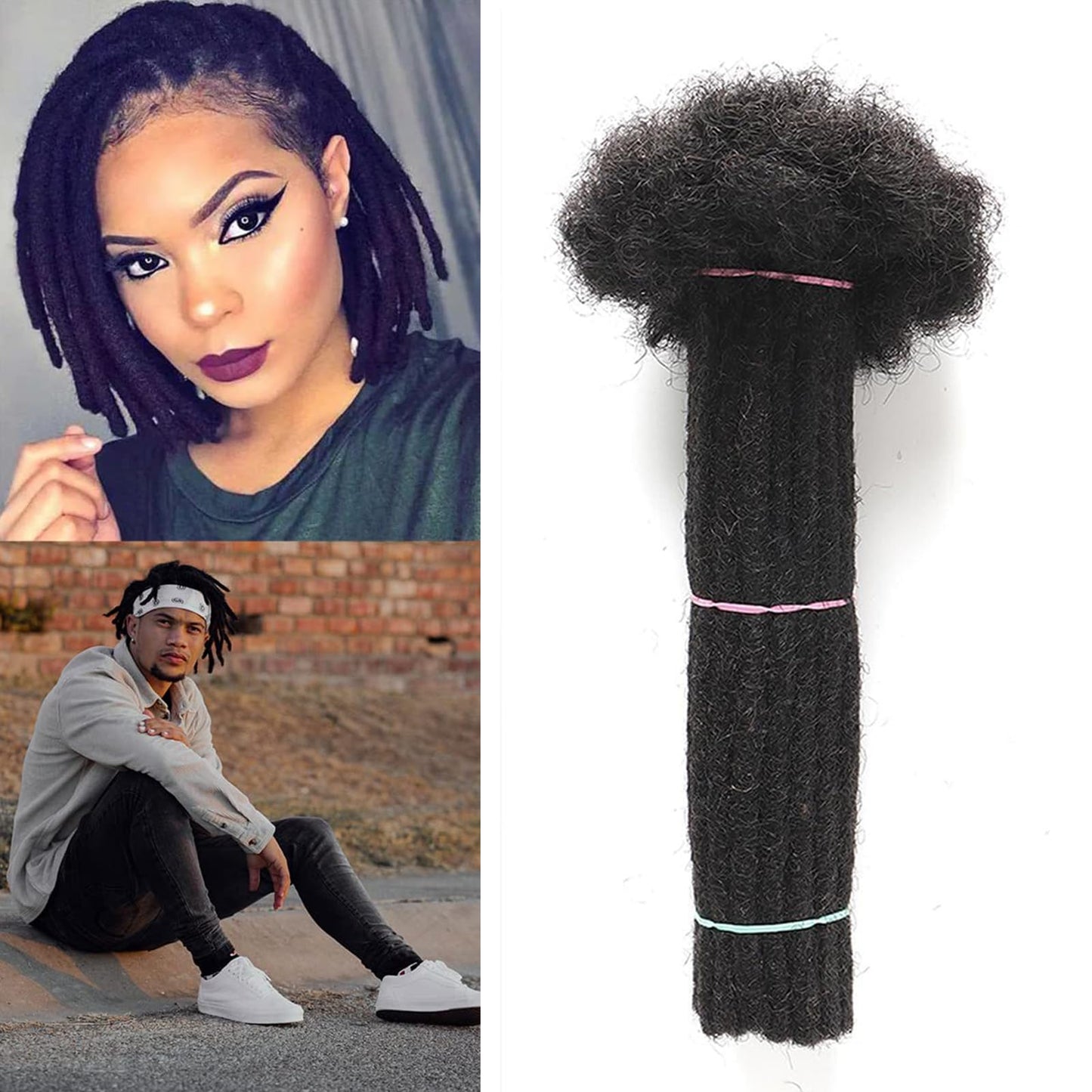 Alaleibaby 0.6cm Thickness 6 Inch 60Strands Real Human Hair Dreadlock Extensions for Man/Women Full Head Handmade Permanent loc Extensions Bundles Can Be Dyed Bleached Curled and Twisted, #1B