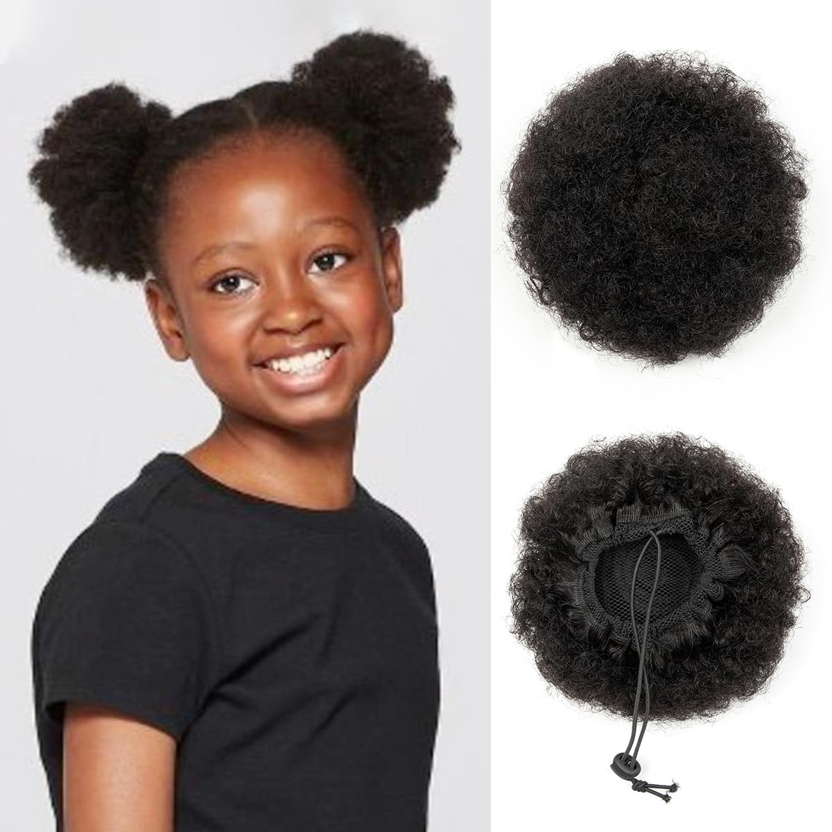 ISHEENY Black Ponytail Extension Human Hair Medium Messy Bun Hair Piece For Girl Afro Puff Hair Bun 1 Pieces Short Afro Kinkys Curly Afro Bun Drawstring Hairpieces Updo Hair Extensions colour #1