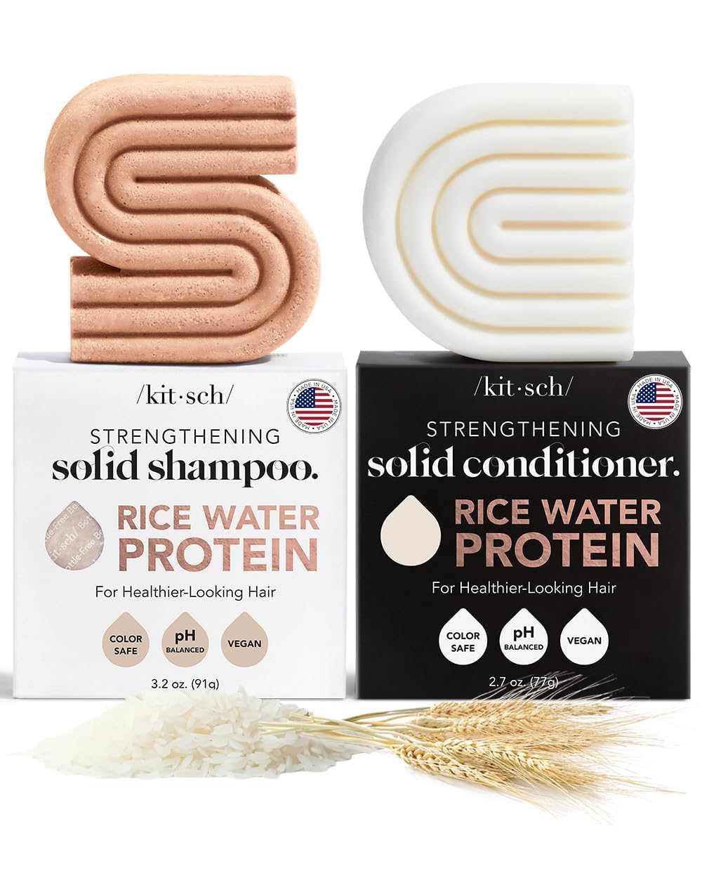 Kitsch Rice Water Shampoo & Conditioner Set - Solid Shampoo Bar & Conditioner Bar with Protein for Strengthening & Damage Repair - Paraben, Sulfate and Silicone Free - Nourishing Hair Care Set, 2pcs