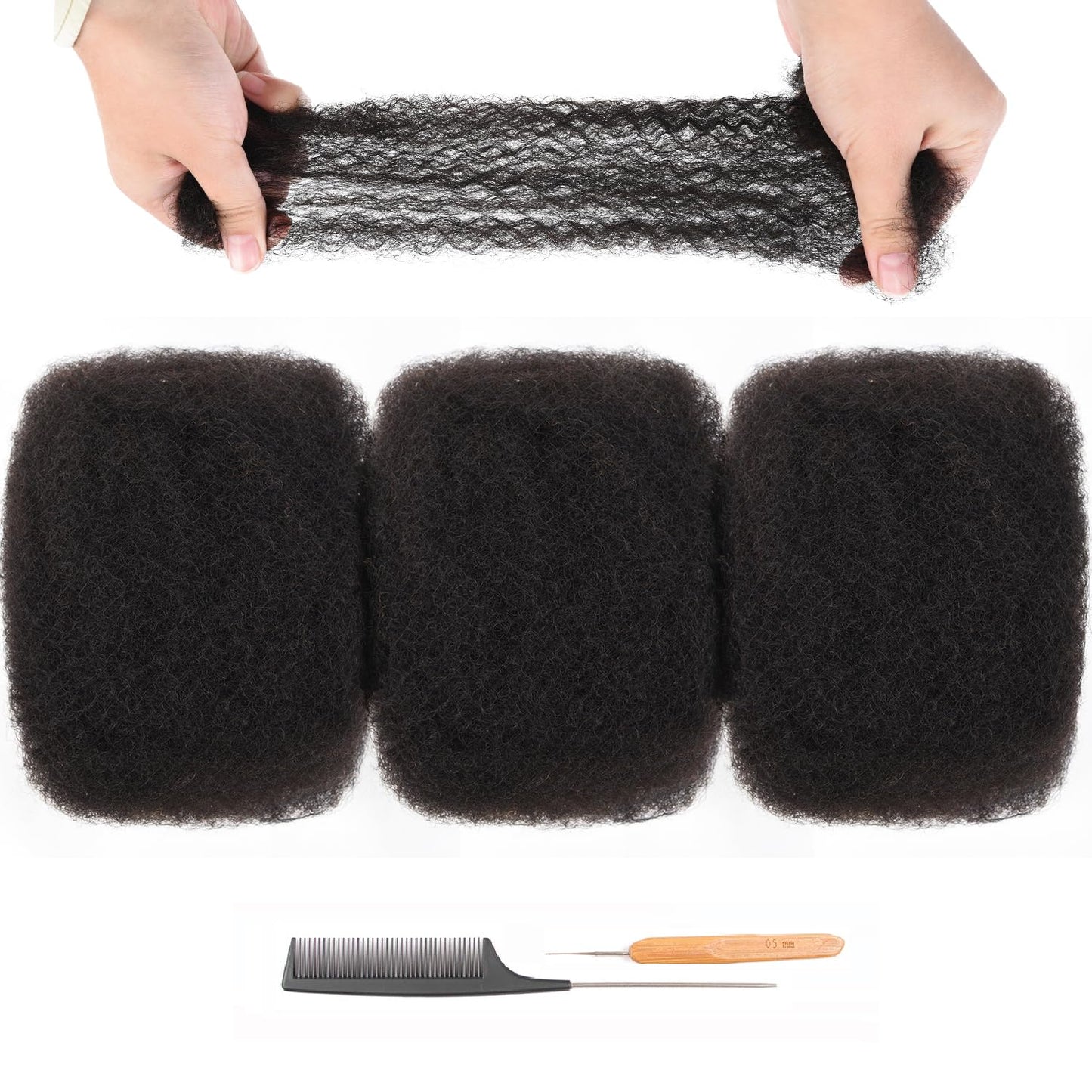 Afro Kinky Curly Human Hair Bulk 100% Natural Black – 8 Inch 3 Packs, 35g each pack