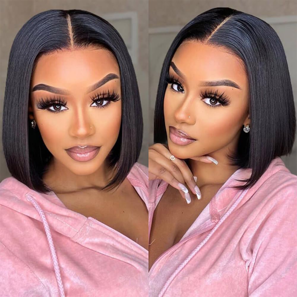 FASHION IDOL Bob Lace Front Wig Human Hair Pre Plucked 10 inches Short Bob Wig Glueless T Part HD Lace Brazilian Virgin Human Hair Natural Black