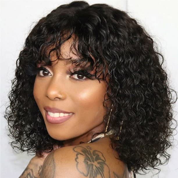 Fashion Idol Bob Curly Human Hair Wigs with Bangs Jerry Curl Bob Wigs Human Hair Brazilian Virgin Human Hair None Lace Front Wigs  Machine Made Black Wigs 10Inch