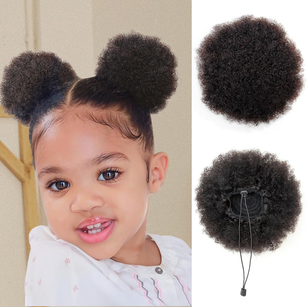 ISHEENY Natural Black Ponytail Extension Human Hair Small Messy Bun Hair Piece For Preschooler Afro Puff Hair Bun 1 Pieces Short Afro Kinkys Curly Afro Bun Drawstring Hairpieces Updo Hair Extensions colour #1B