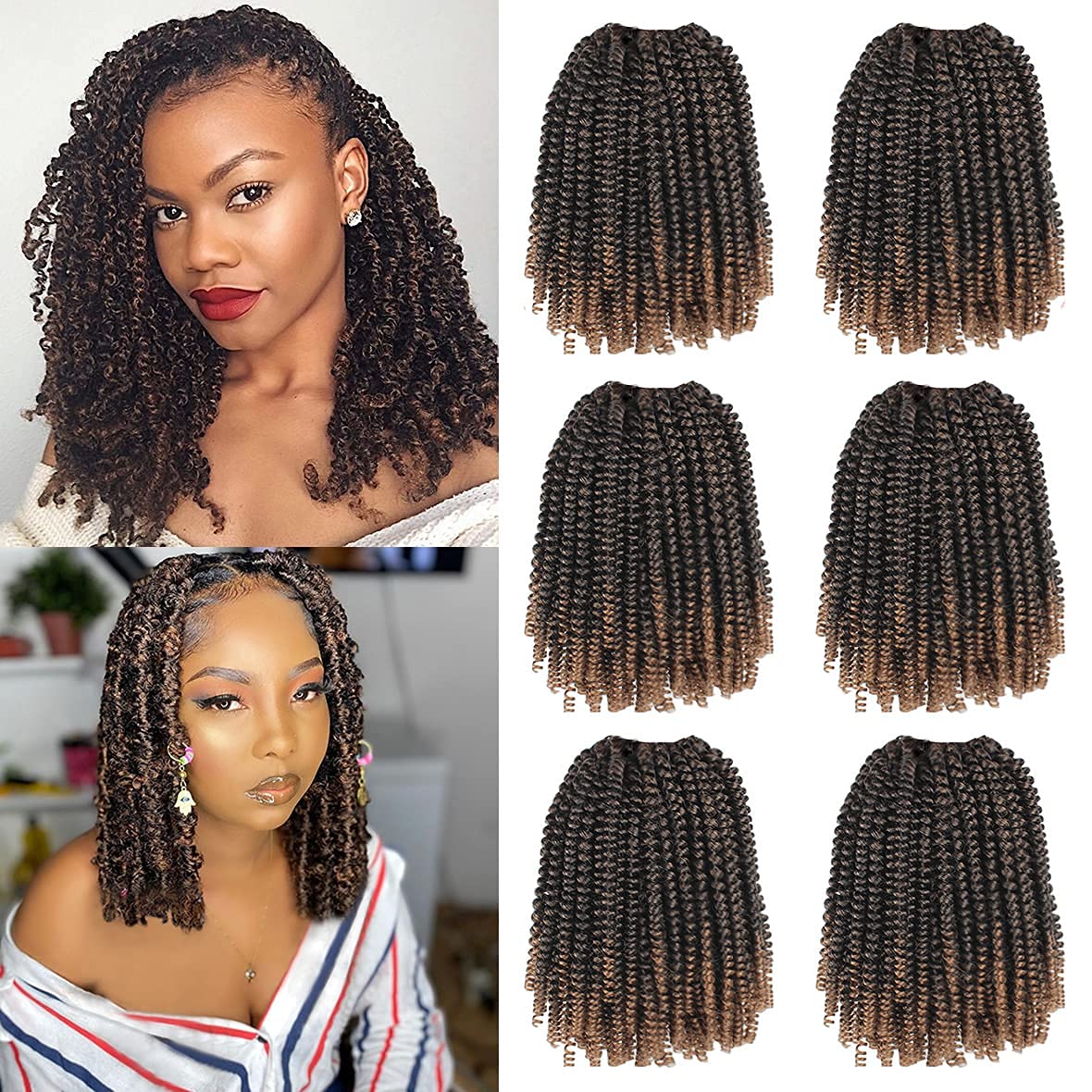 Xtrend 10 Inch 6 Packs Spring Twist Hair For Butterfly Faux Locs Short Crochet Braids Hair Synthetic Ombre Spring Curl Hair Extension For Women (T30#) (T27#)