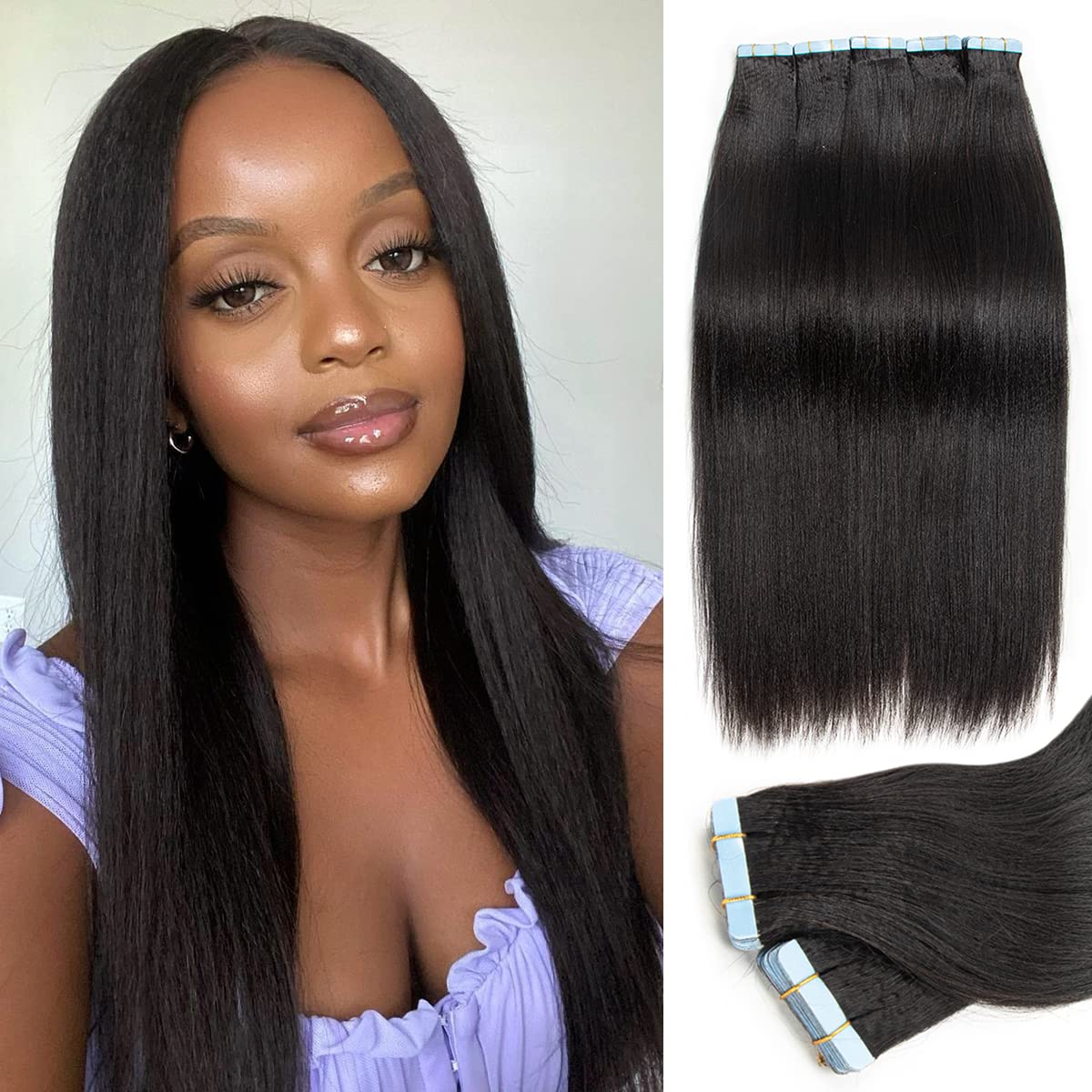 Natural Black Tape In Hair Extensions Human Hair Yaki Straight 20 Inches 20pcs 50g/Pack Invisible Remy Hair Extensions Tape In Human Hair Extensions