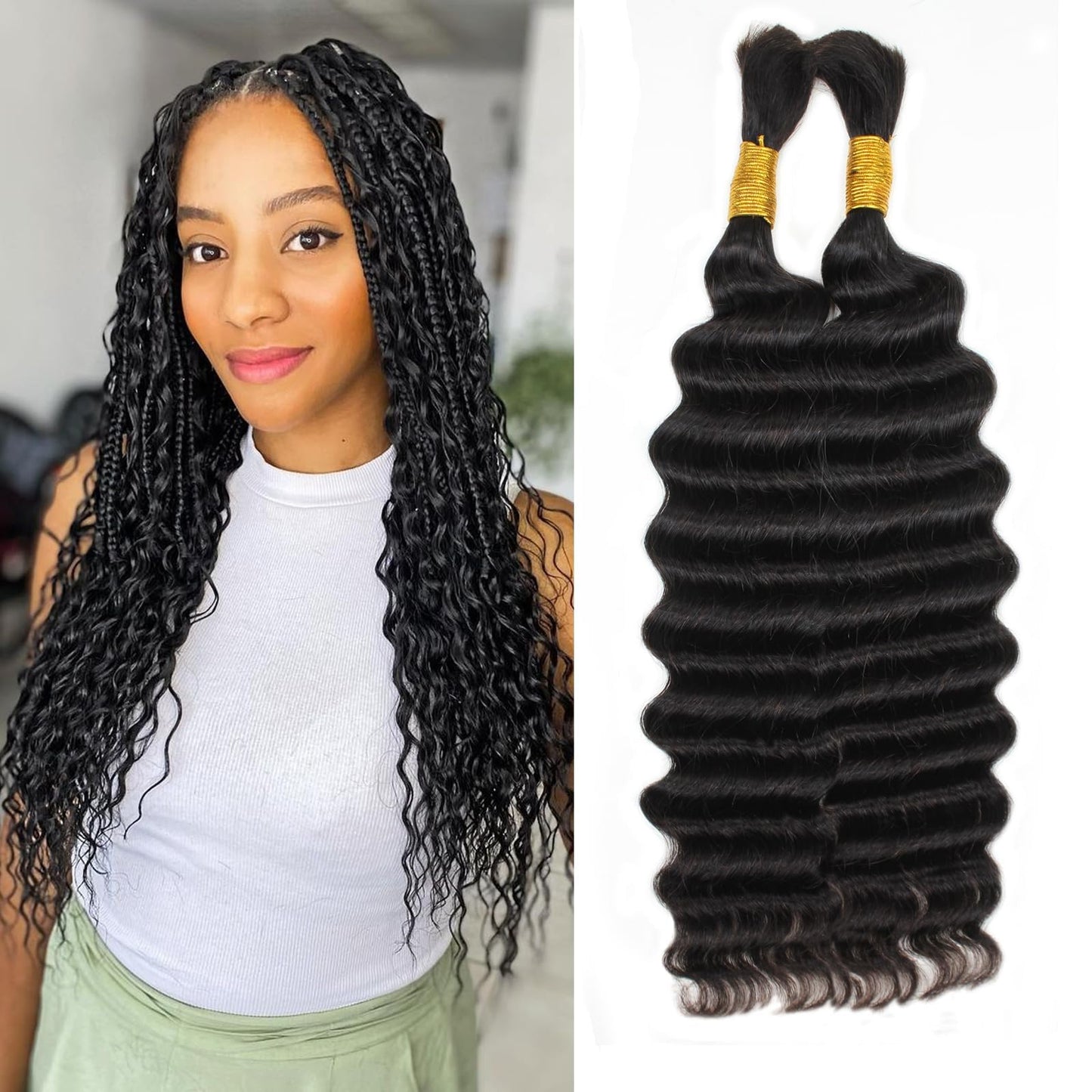 Ainimiu 18inch Human Braiding Hair 2 Bundle 100g Deep Wave Bulk Human Hair for Braiding Bulk Curly Human Hair for Boho Braids Human Hair Extensions Natural BLACK, #1B