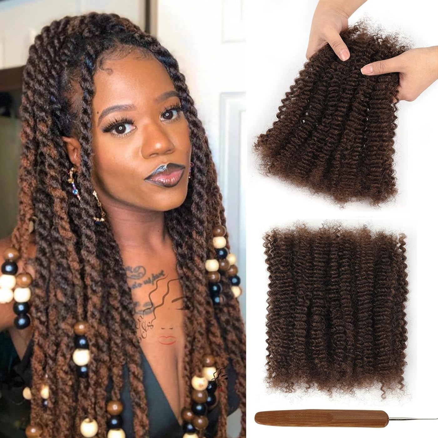 PORSMEER Dark Brown Afro Kinky Curl Bulk Human Hair 16 inch 30g/Pack 100% Human Hair for Dreadlocks & Loc Extensions Faux locs Braiding Twist Afro Kinky Bulk Human Hair Can Dye and Bleach, #2