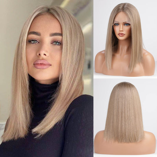 HAIRCUBE Ash Blonde Lace Front Wigs for Women Shoulder Length Bob Wig with Natural Hairline 18inches