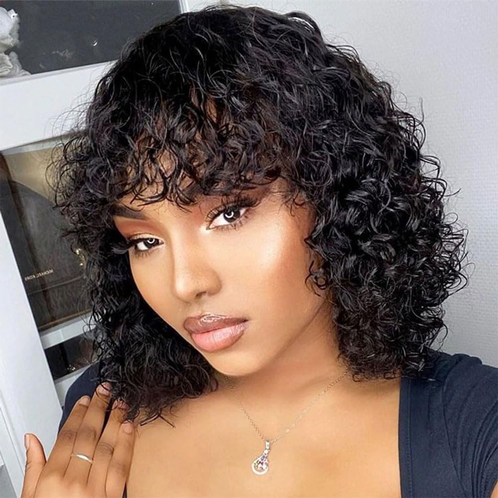Fashion Idol Short Curly Human-Hair Wigs with Bangs Nature Black 12 Inch Jerry Curl Bob Wigs Human Hair Brazilian Virgin Human Hair None Lace Front Wigs Machine Made Black Wigs