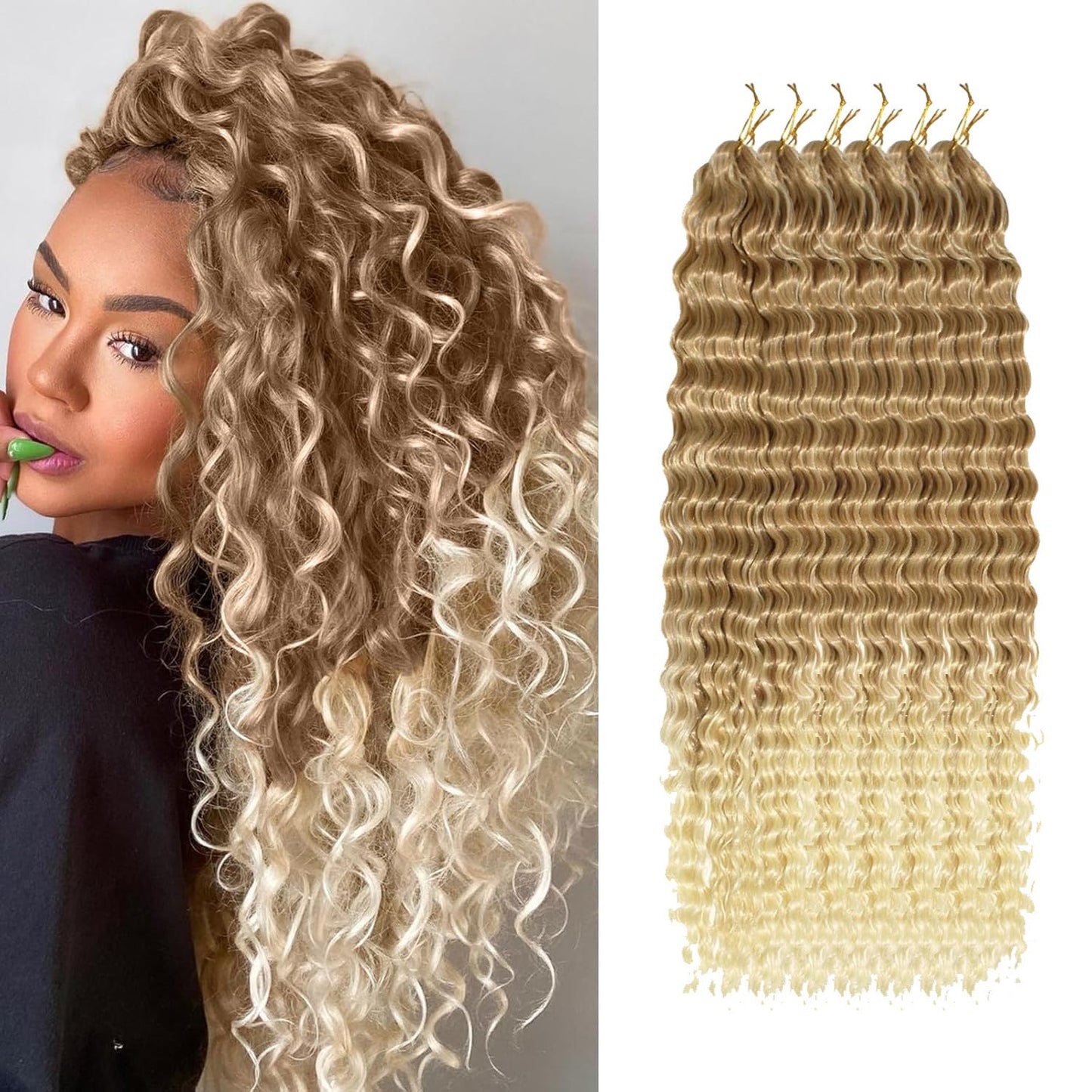 Alaleibaby Ocean Wave Crochet Hair 22 inch Deep Wave Crochet Hair 6 Packs Deep Wave Curly Braiding Hair Extensions Ocean Wave Braiding Hair (27/613, 22 Inch(Pack of 6))