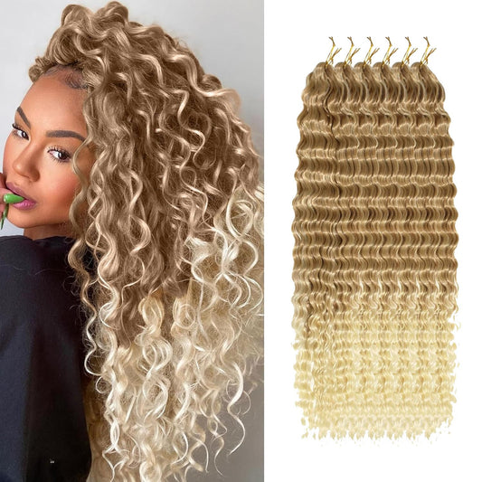 Alaleibaby Ocean Wave Crochet Hair 22 inch Deep Wave Crochet Hair 6 Packs Deep Wave Curly Braiding Hair Extensions Ocean Wave Braiding Hair (27/613, 22 Inch(Pack of 6))