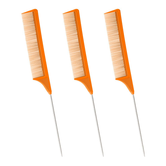 3 Packs Rat Tail Comb Steel Pin Rat Tail Carbon Fiber Heat Resistant Teasing Combs with Stainless Steel Pintail (orange)